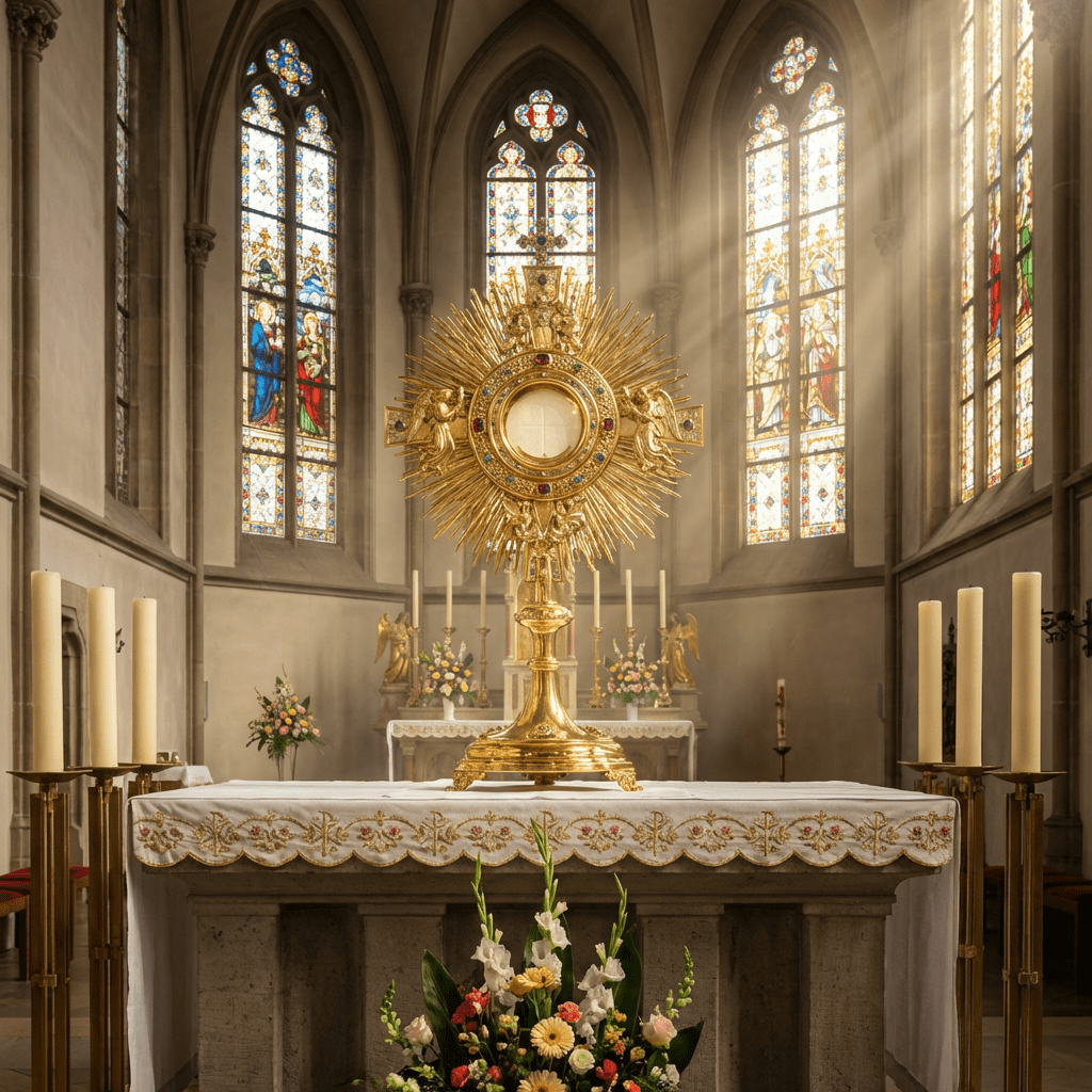 An ornate golden monstrance sits on an altar inside a church with sunlit windows.