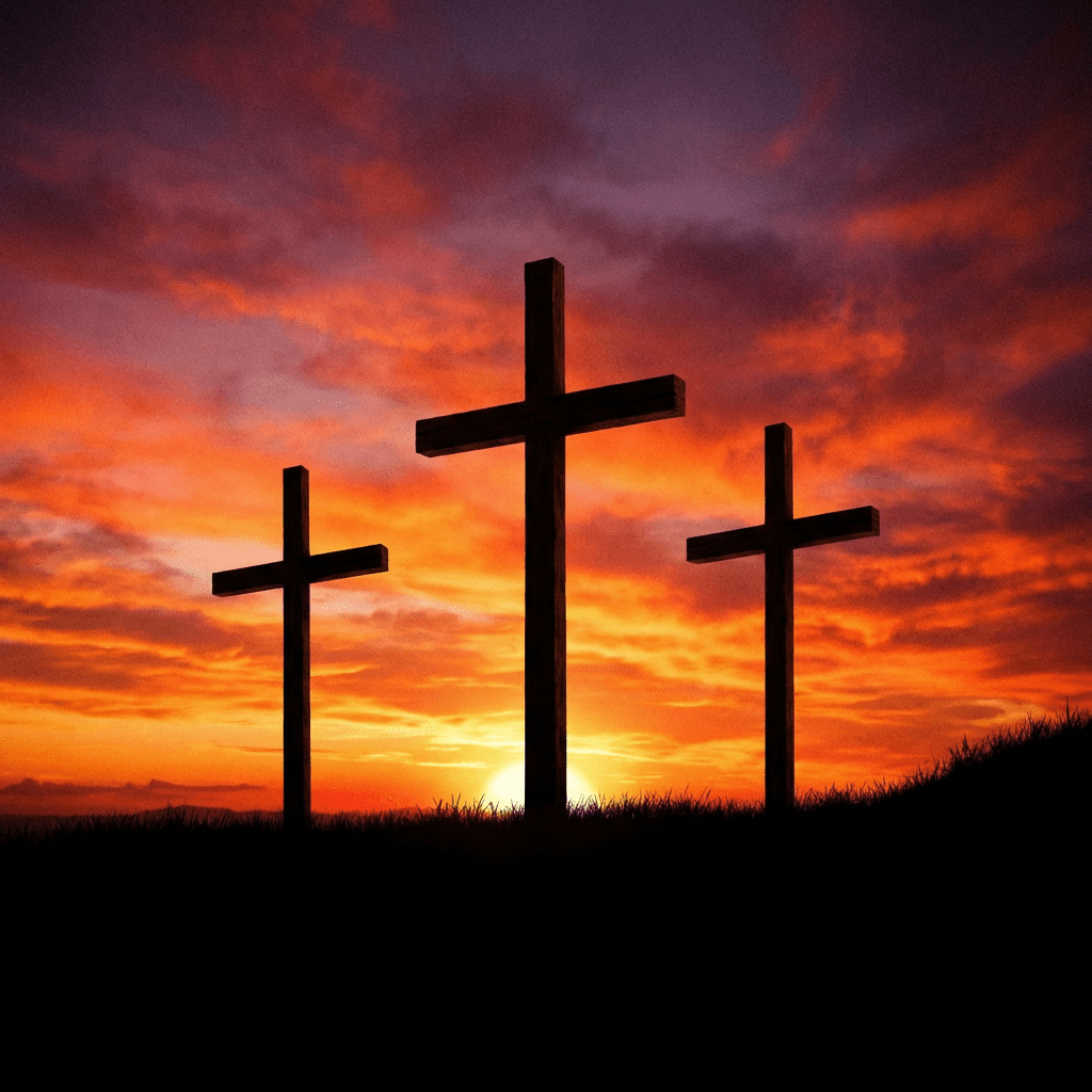 Silhouettes of three wooden crosses against a vibrant orange and purple sunset sky.